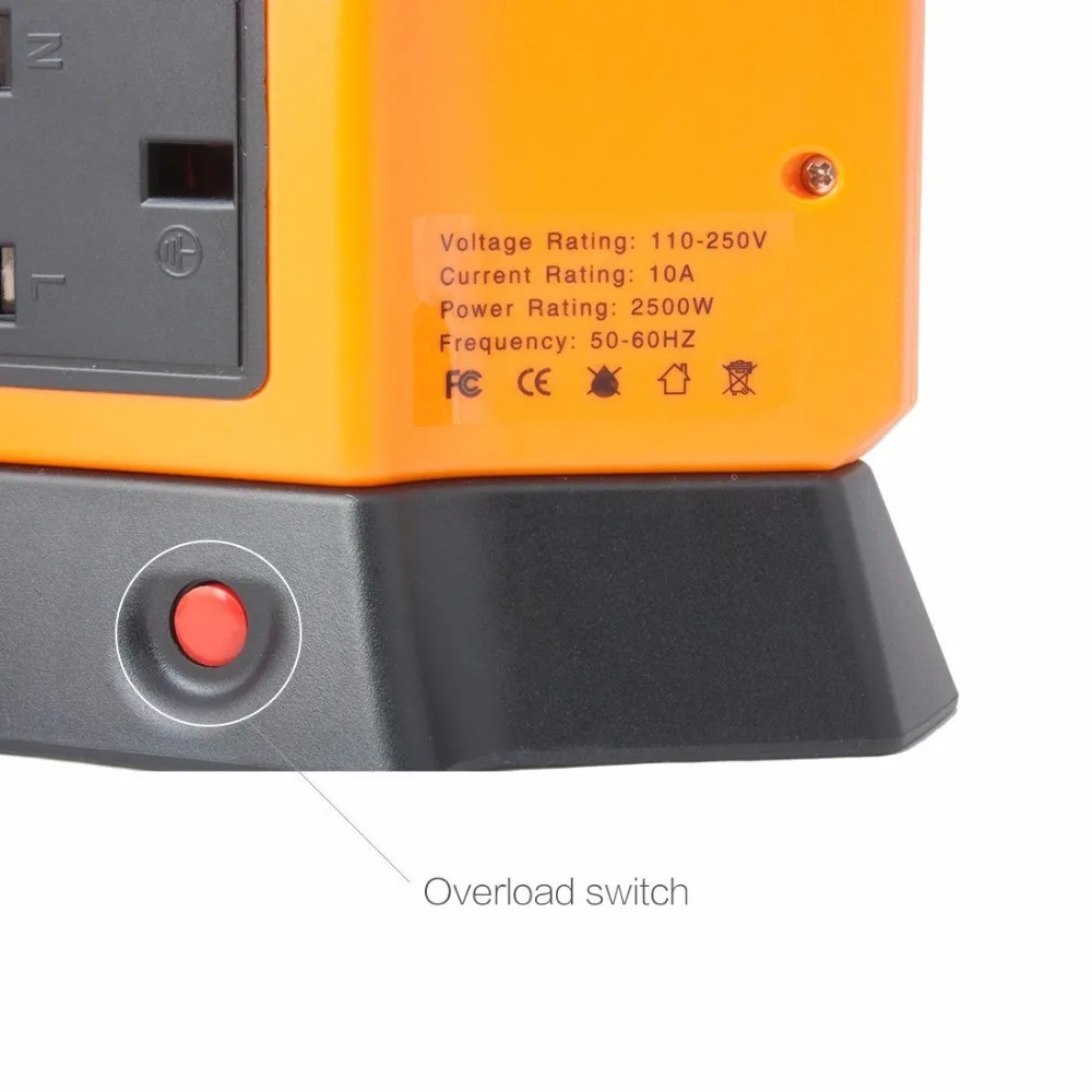 
Tower Power Strip 2500W Smart Socket Surge Protector 10 UK Socket 4 USB Charging Station 6.5ft Extension Cord Orange 