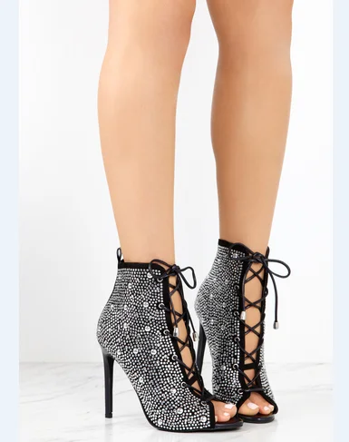 Women gender ankle boots fashion rhinestone stiletto boots front lace up peep toe ankle boots for women