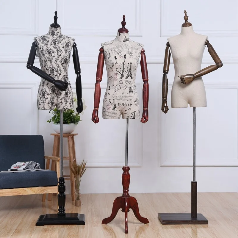 half scale headless fabric covered female dress form linen women mannequin torso with wooden arms