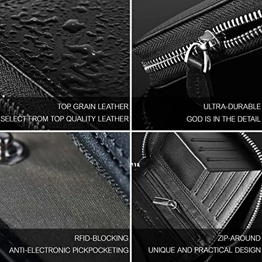 Large Capacity Men RFID Blocking Wallet Genuine Full Grain Black Leather with Zip Around Opening Trifold