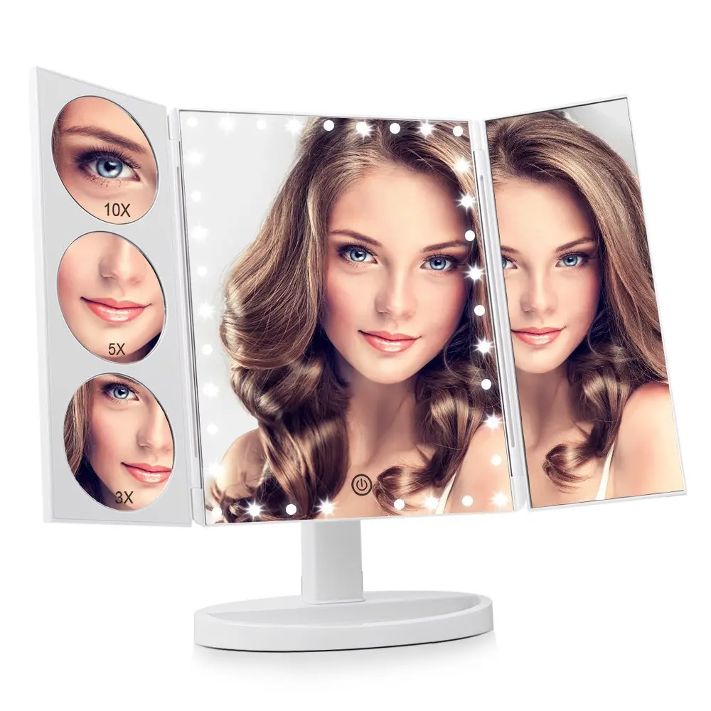 Brand Beauty Tri-fold LED Lighted Mirror with 10X/5X/3X/1X Magnifying Plastic Table Mirror