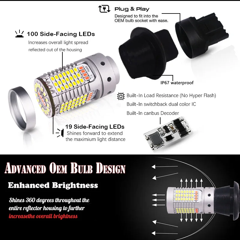 
Car 7440 LED White/Red Dual-Color Canbus W21W T20 led Bulbs For 2016-up Mazda MX-5 Backup Reverse Lights & Rear Fog Lamp 