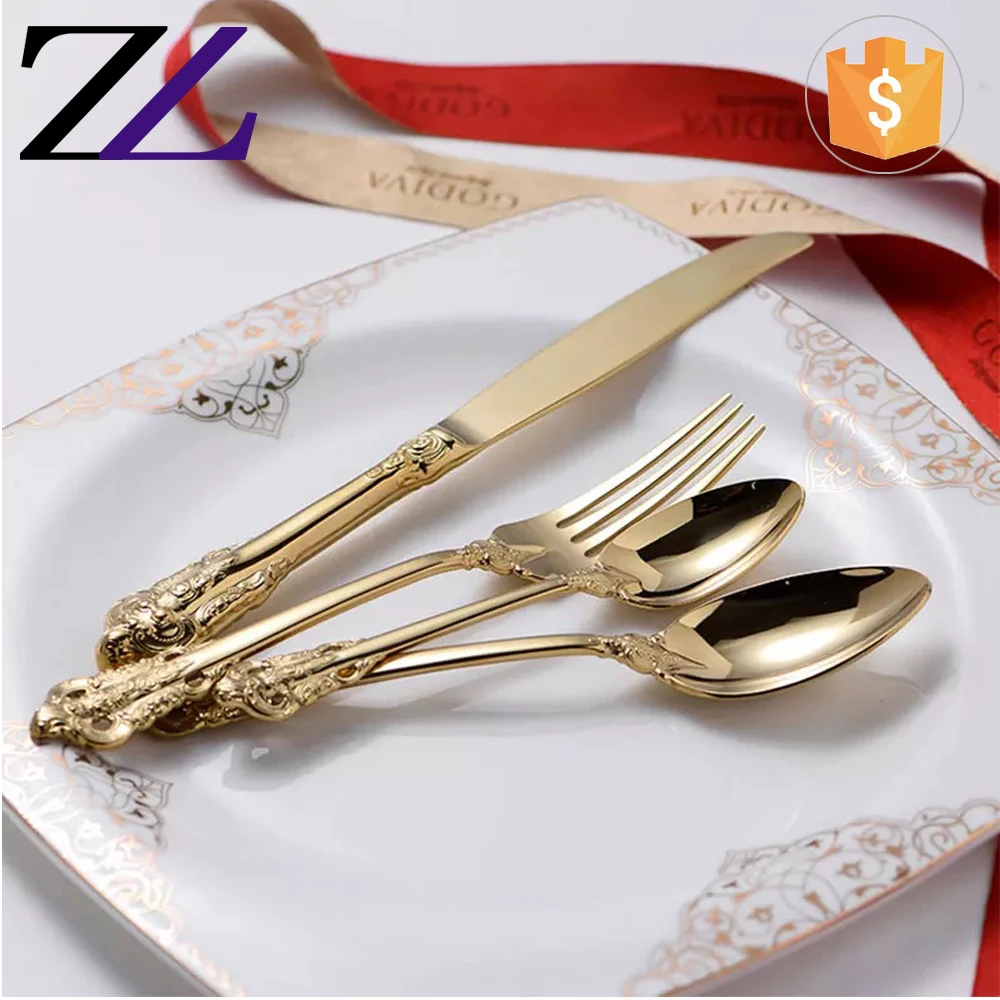Factory Price eco-friendly dubai tableware used wedding cutery bulk gold plated 18/10 stainless steel flatware set