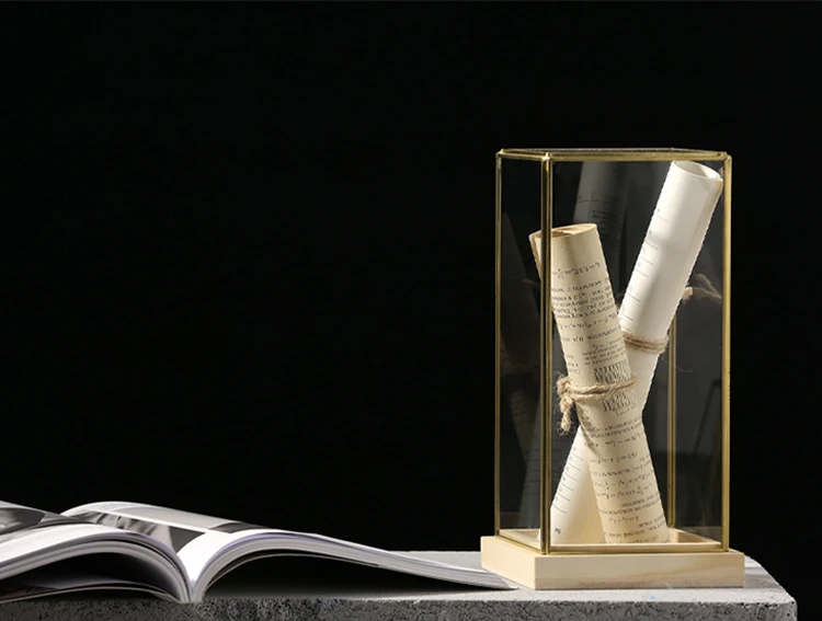 Hot selling Acrylic Desktop Decorative Square Gold Geometric Terrarium With Wooden Base