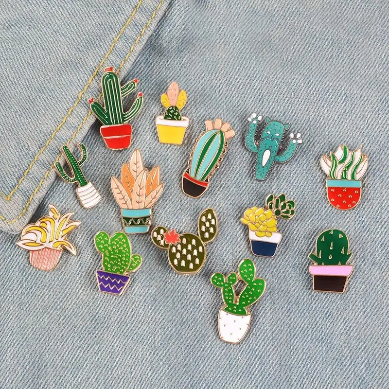 Cute Cactus Succulents Chlorophytum Potted Plant Brooch Cartoon Potted Plant Enamel Pins