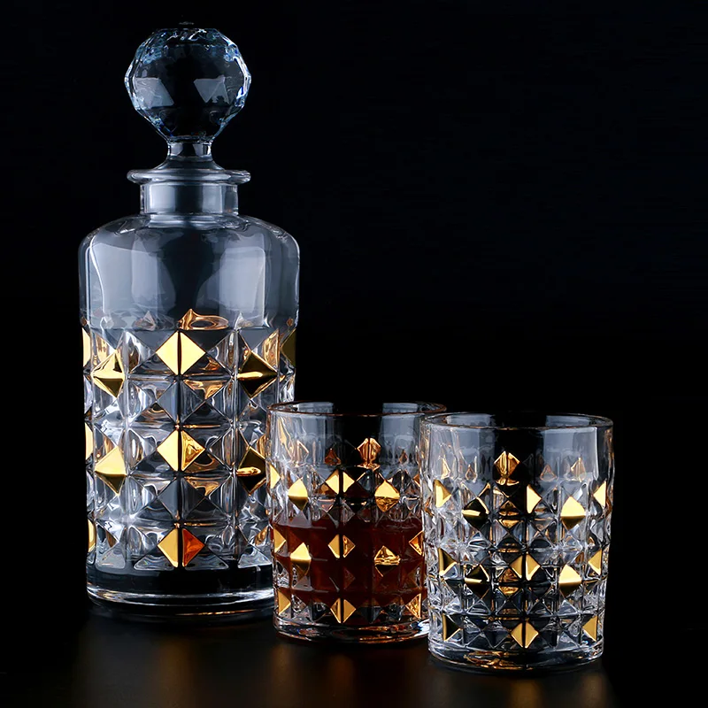 New Decorated Lead Free Crystal Glass Decanter Whiskey Set With 6 Whiskey Glasses
