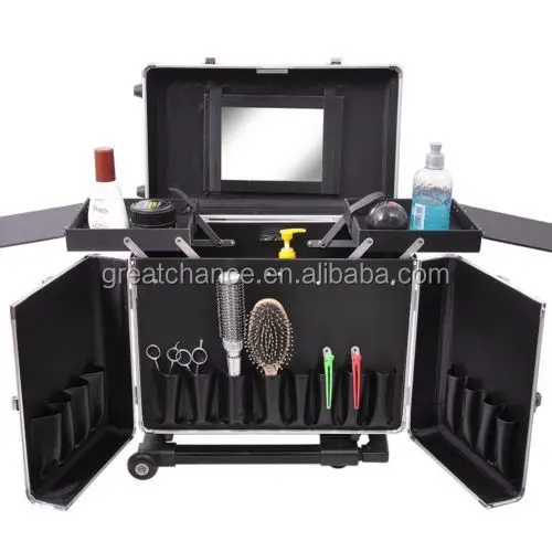 Rolling Makeup Hair Salon Stylist Train Case Clipper Trimmer Barber Tool Box Key