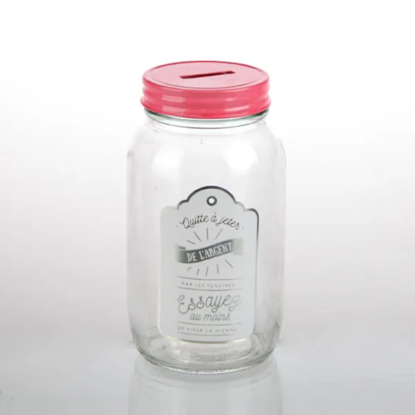 Custom Design 680ml clear Mason Jar 27oz Coin Bank Glass Jar With Coin Slot Lids