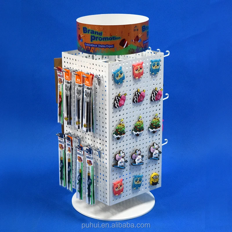 table standing four faces metal pegboard rotating supermarket retail display cashier desk top POP rack for key rings novelty
