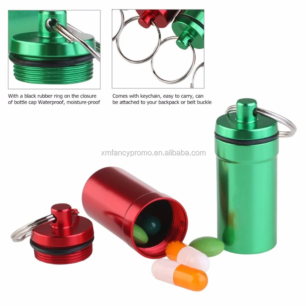 Promotion Camping Travel Portable Aluminum Pill Box Case Bottle Storage Drug Holder Keychain