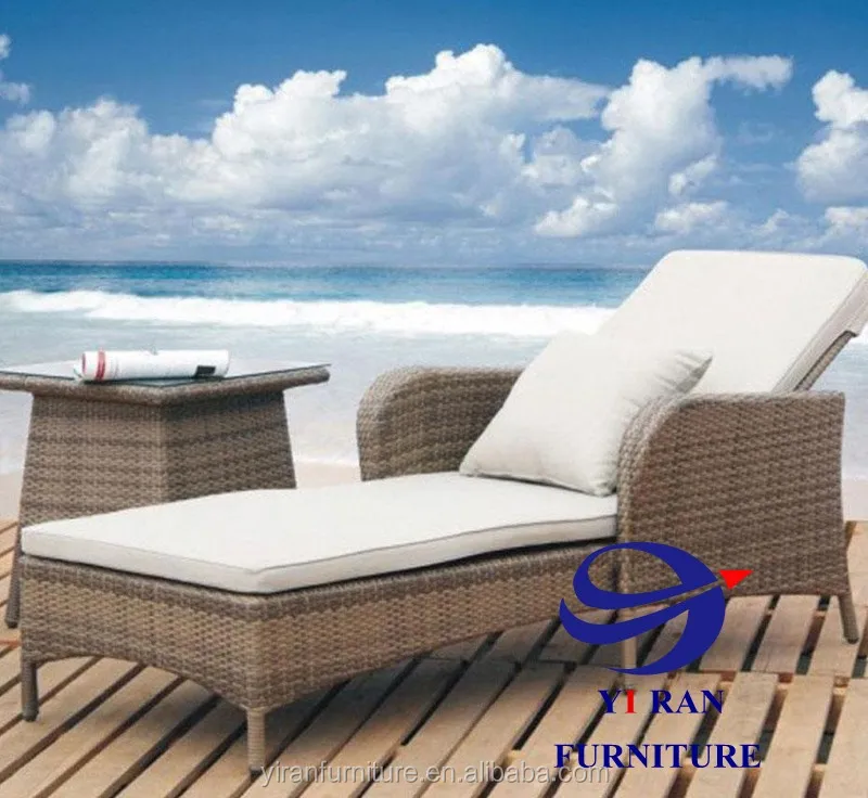 Swimming pool rattan lounge chair with small coffee table teak armrest hot sale outdoor rattan furniture