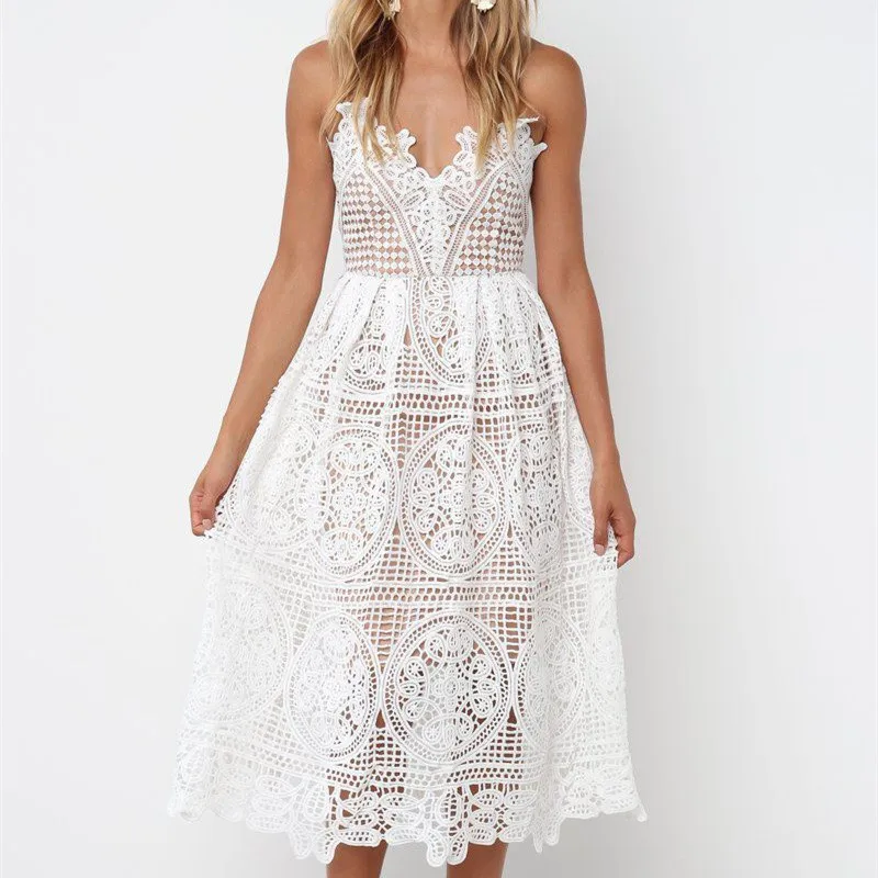 2019 European and American sexy openwork lace temperament strap dress