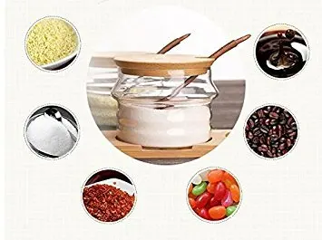 Glass Condiment Jars with bamboo tray and wood spoon for  sugar bowls, tea storage, holding dressings, dipping, salad bar servin