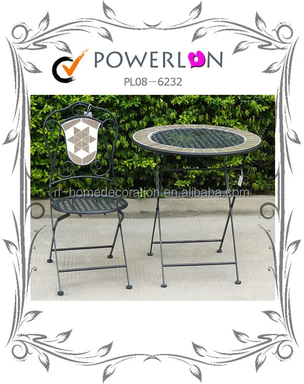 
High Quality Metal Mosaic Wood side Mosaic Garden Table And Folding Chair Set Outdoor Dining Furniture 