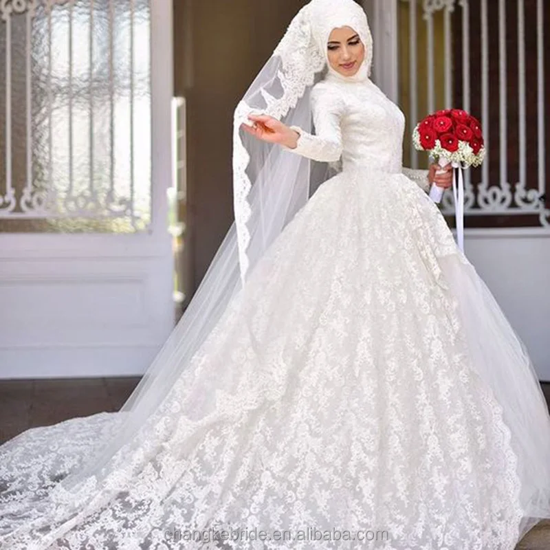 
Muslim Wedding Dresses Long Sleeve Lace Applique Ball Gown Princess Wedding Gown Bridal Wear Free Coif 2018 