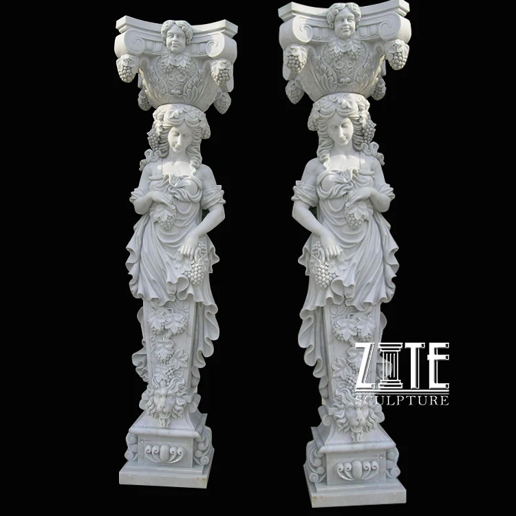 Садовая декоративная уличная белая мраморная колонна с фигуркой