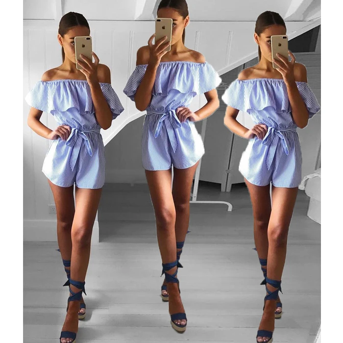 J0321 High Quality Women Off Shoulder Sexy Falbala Jumpsuit