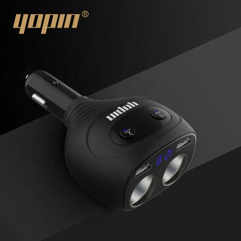 best selling product led voltmeter 4 in 1 car charger with twin socket extender, dual usb car charger with dual 12v sockets
