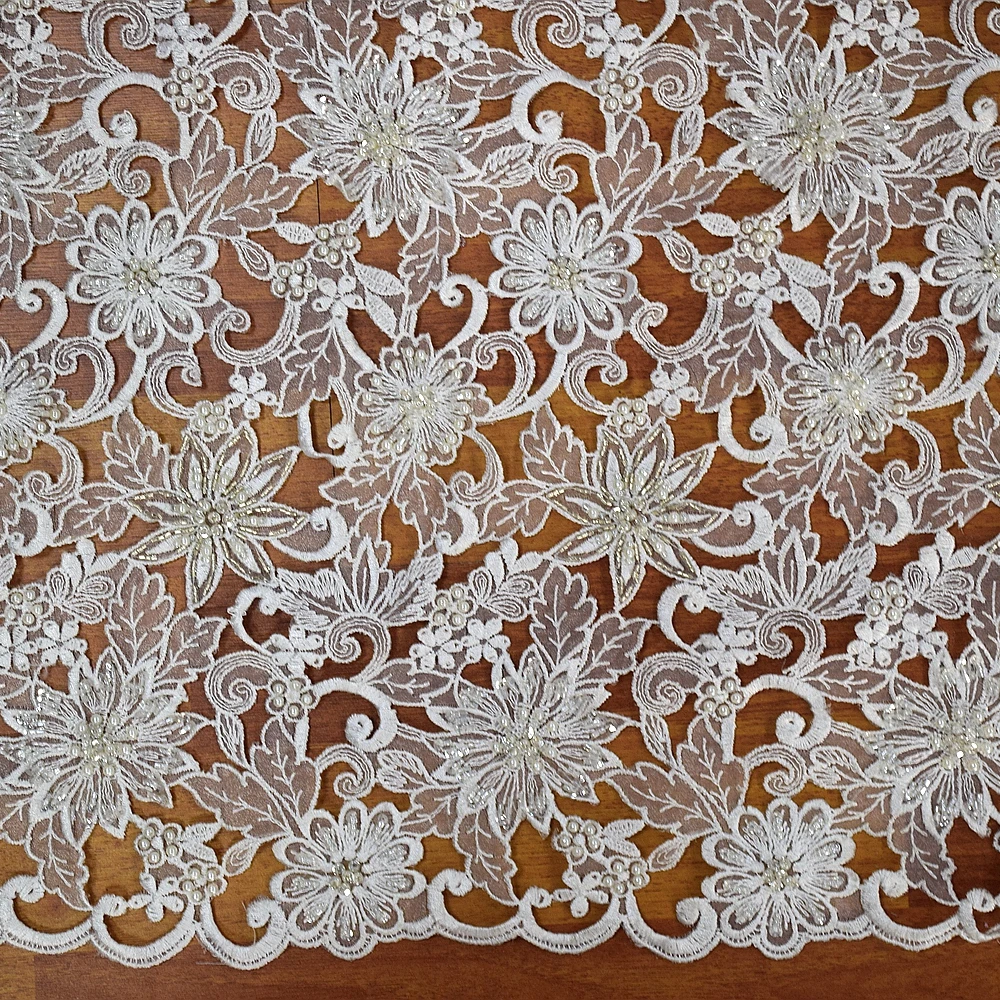 New design french white organza hand cut 3d sequin lace fabric beads bridal with pearls for wedding lace dress fabric HY0844-3