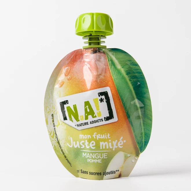 BPA free reusable clear baby food squeeze shaped spout pouch packaging bag for fruit juice with big screw spout