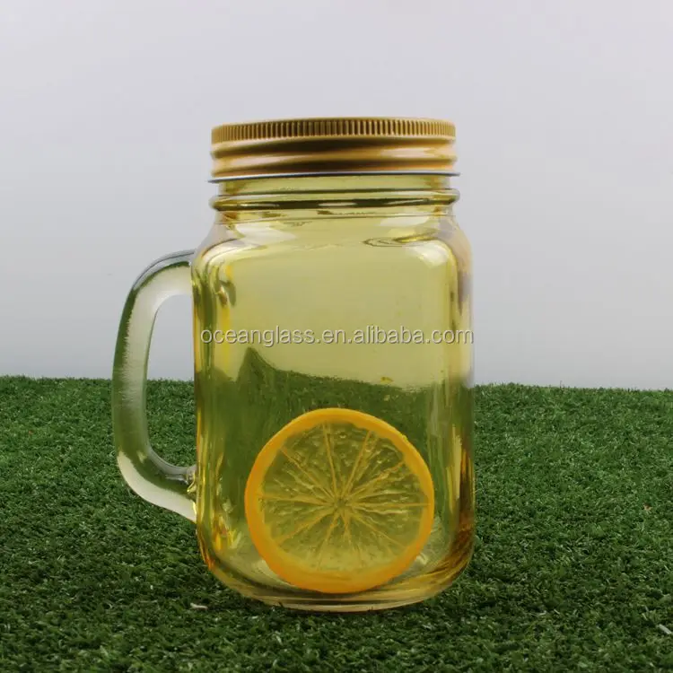 Colored glass drink cup with handle Mason jar mug with metal lids Wholesale 16oz drinking bottle with plastic straw