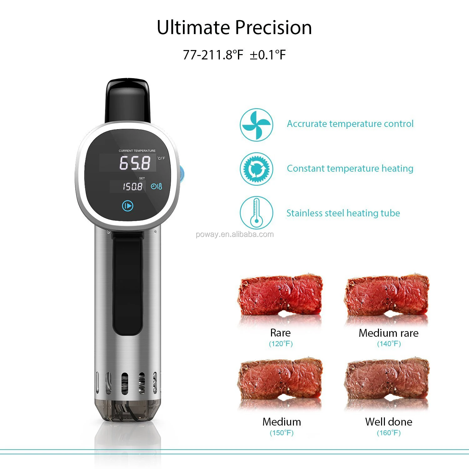 
Poway High Quality Sous Vide Precise Temperature Setting and Digital Timer Slow Cooker for Healthy Food at Home and Hotel 850W 