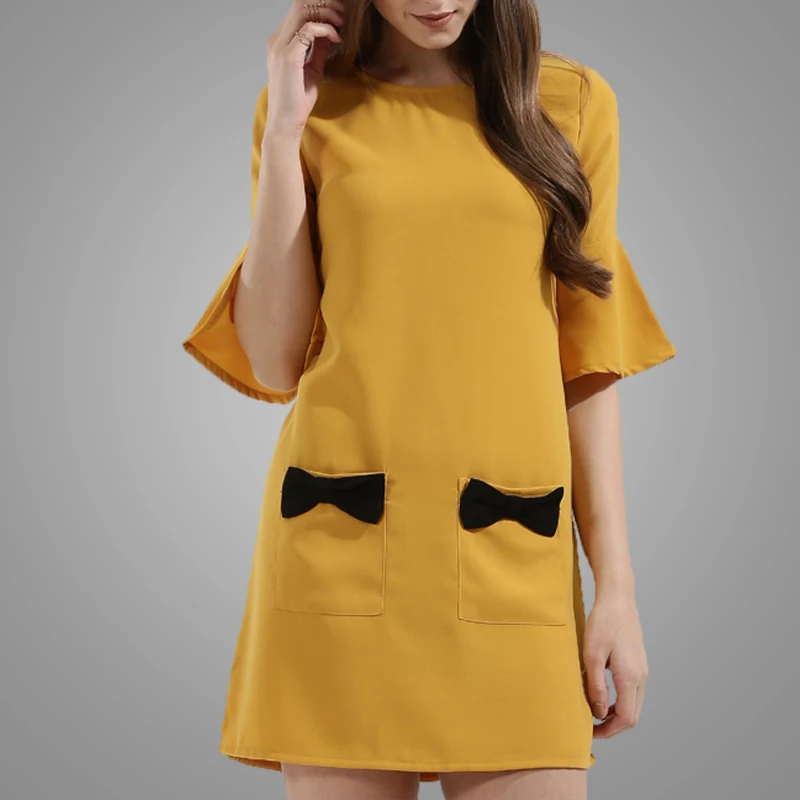 Summer Plain Yellow Orange Tube Dress Bowknot Pocket Dress Falbala Half Sleeve Chiffon Frocks Dresses