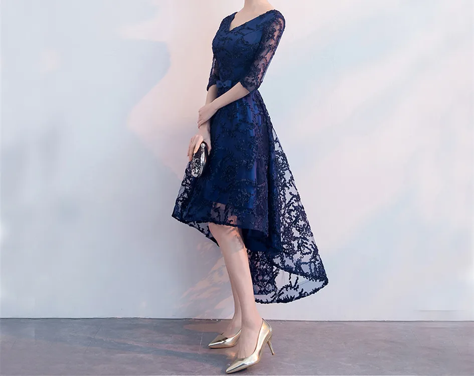Lace V Neck Half Sleeves Navy Blue High Low prom gowns