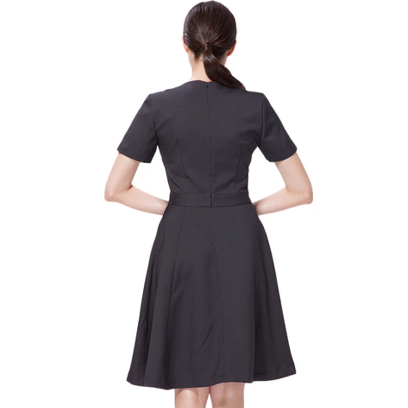 Latest elegant women office dress patterns a Line striped delicate cut zipper center back office dress for ladies