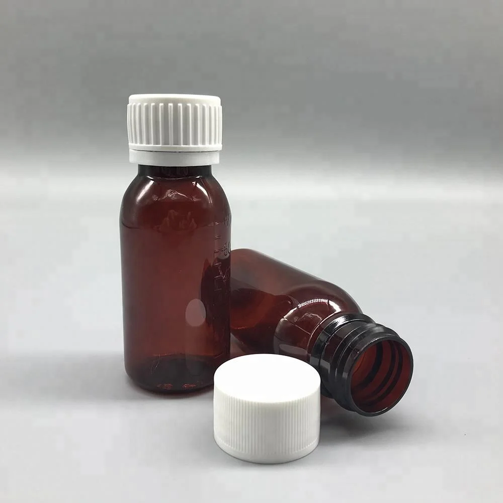 Medical Packaging 60ml amber plastic cough syrup bottle with striped cap