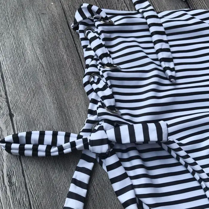 Striped Strappy High Waist Two Piece Women Bikini Swimsuit