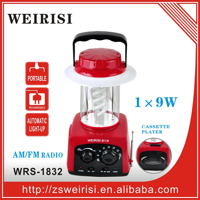 Portable rechargeable emergency LED light with cassette player & FM radio for camping/hiking/home (WRS-1835L)