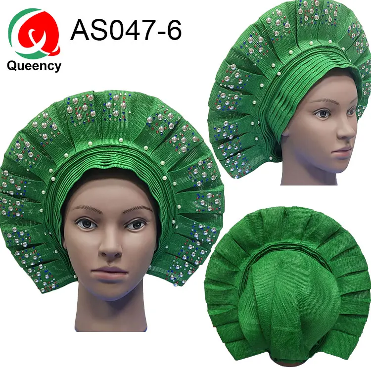 AF African Auto Gele With Beads nigerian beaded  head tie Beads & Stones head wrap scarf