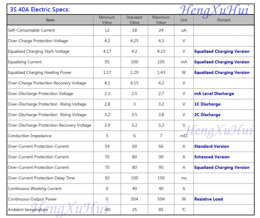 3S40A BMS Li-ion Battery Protection Board with Balance 100mA Current