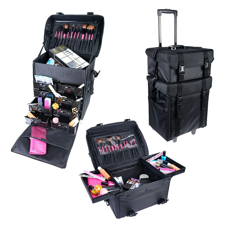 Professional Beauty Salon Box Hairstyle Cosmetic Case 2 in 1 makeup nylon trolley case with Wheels Black