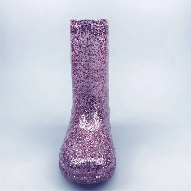 Hot Selling With Glitter Girls Lovely PVC Transparent Cheap Safety Kids Rain Boots