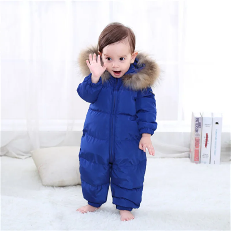 
Winter Children Warm Baby Coveralls Down Coat Duck Down Padded Coat Wholesale Baby Hooded Down Coat With Big Raccoon Fur Collar 