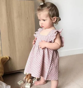 Wholesale baby clothing flutter sleeve linen cotton plaid baby jumpsuit toddler girls romper