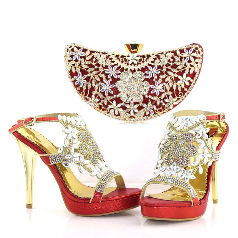 Rortydream beautiful red lady party shoes and bag wedding crystal shoes 12cm ladies high heel shoes 8886-4