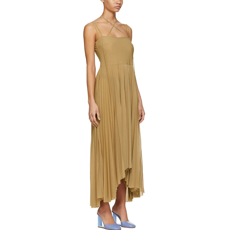 Wholesale Custom Brand Sleeveless Light Weight Mid-Length Pleated Criss-Cross Halter Pleated Tulle Yellow Evening Gown Dress