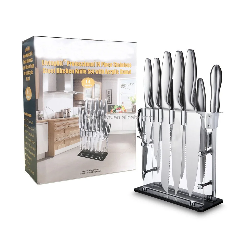 Knife Set 14 Piece Kitchen Knives Chef Bread Carving Utility Paring Steak Knife Scissors Sharpener and Acrylic Stand Block