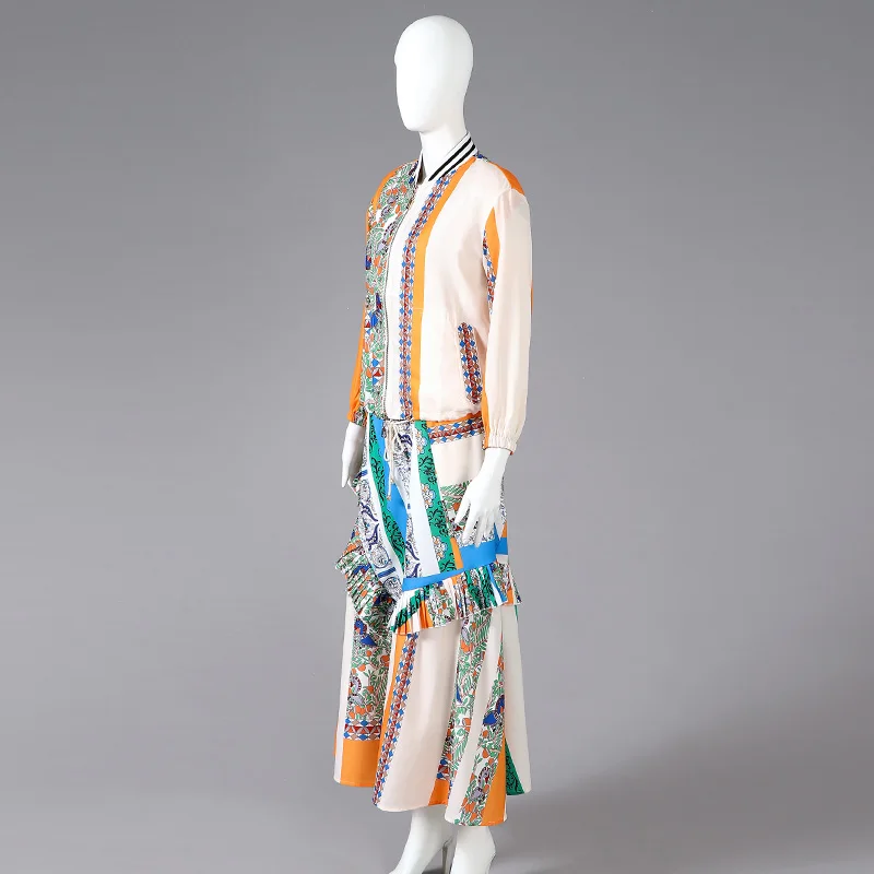 Newly Arrival Bohemian Fashion Style Short Cap Sleeves Ruffle Chiffon Print Dress and Elastic Zip Up Blouse 2 Piece Set Women