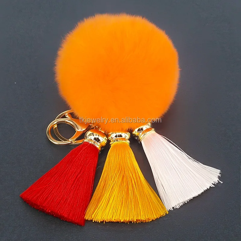 Stock Wholesale Colorful Korea Tassel Key chain With fur ball Pom Pom Key rings for lady