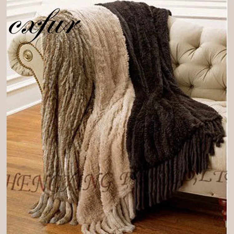 CX-D-20 военно-морской флот 114*190 см ручной вязки мех Пледы из натурального кроличьего меха, одеяло с бахромой