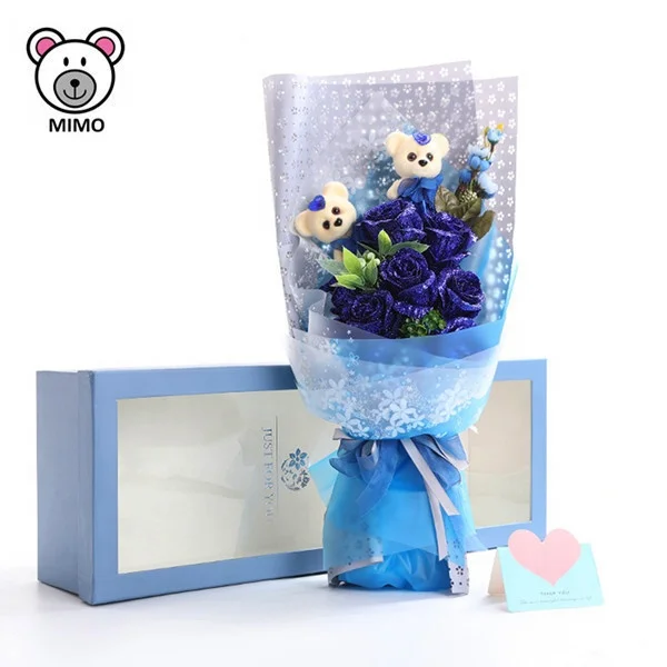 Valentine Day Gift Red Cartoon Artificial Flower Bouquet Boxes For Girls Handmade Wedding Bride Sweet Rose Soap Flower Bouquet