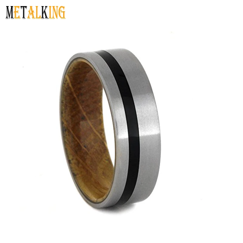8mm Brushed Titanium Ring with A Thin Black Enamel Inlay Whiskey Barrel Wood Inner Mens Wedding Band