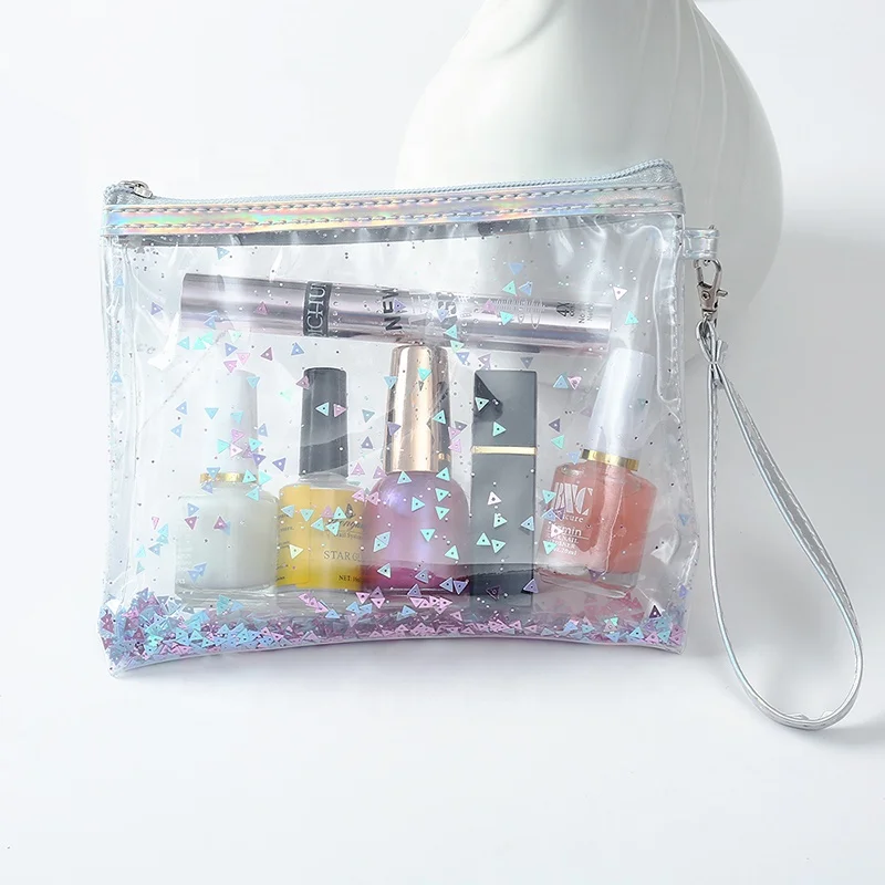 zip lock vinyl glitter clear makeup bag custom logo holographic custom clear glitter pvc bag with handle