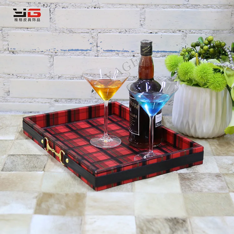 
Red plaid and dark brownleather buckle tray 
