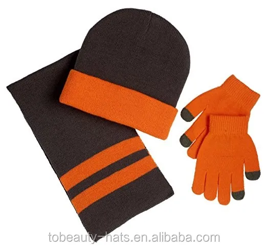Custom top quality fashion winter striped touch screen gloves scarf hat knitted set