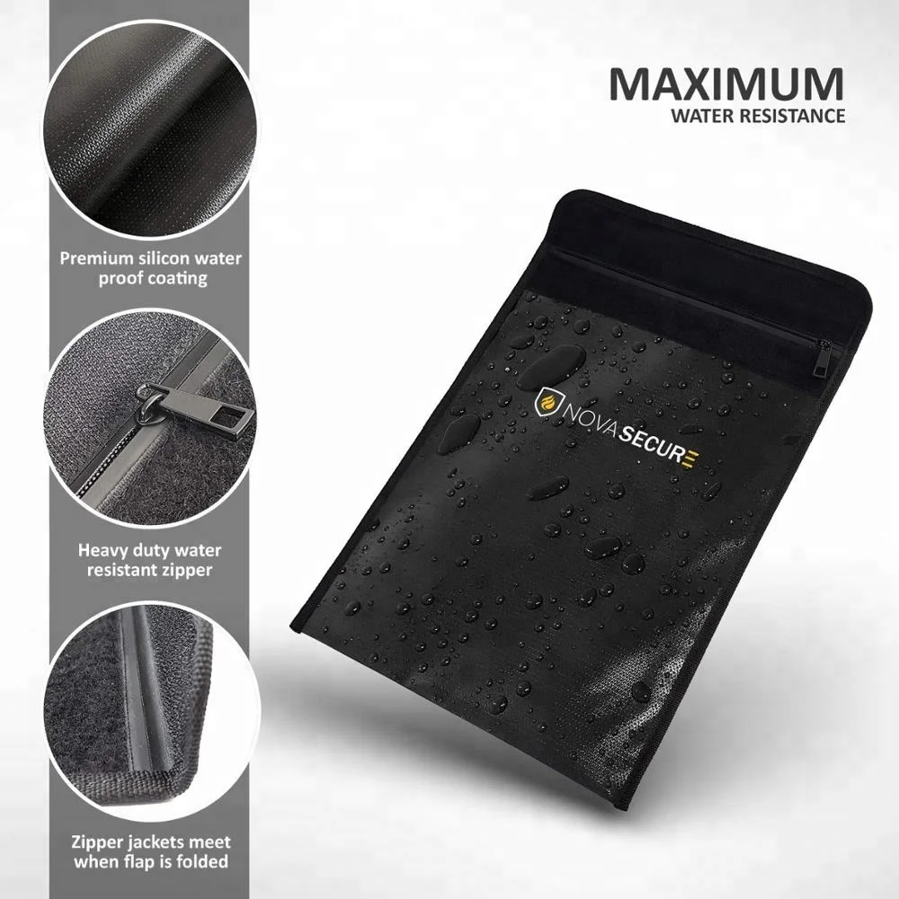 Non Itchy Silicon Coated Fiberglass Water and Fire Resistant Fireproof Document Bag for Money , Documents , Jewelry and Passport